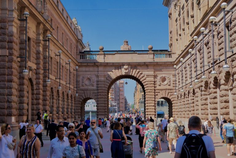 The main pedestrian street runs between the buildings of the Swedish Parliament